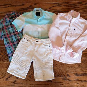 Boys White Shorts &  3 Summer Dress Shirts Long & Short Sleeves 10-/12 10 12